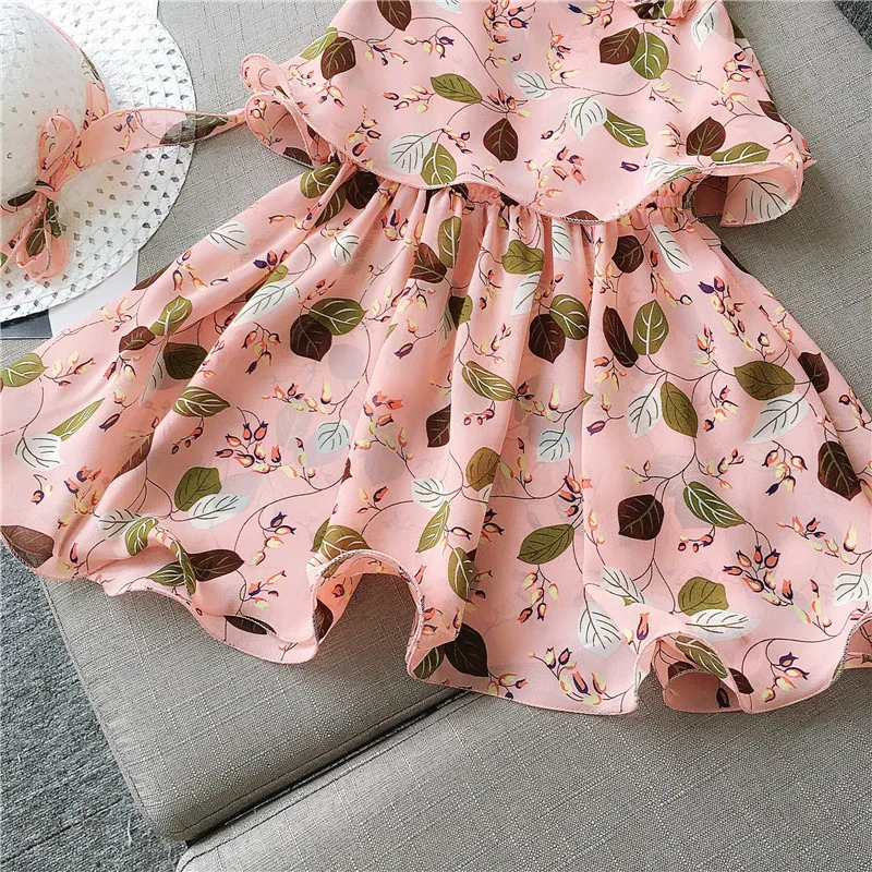 Girls Dresses 2018 Summer New Children's Clothing Fashion Sweet Double-Layer Printed Chiffon Vest Dress + Hat | Детская одежда и