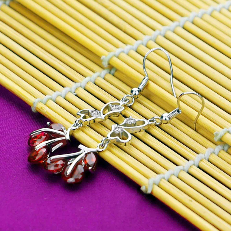 Женские серьги подвески из серебра 925 пробы с красным кристаллом|garnet earrings|garnet drop