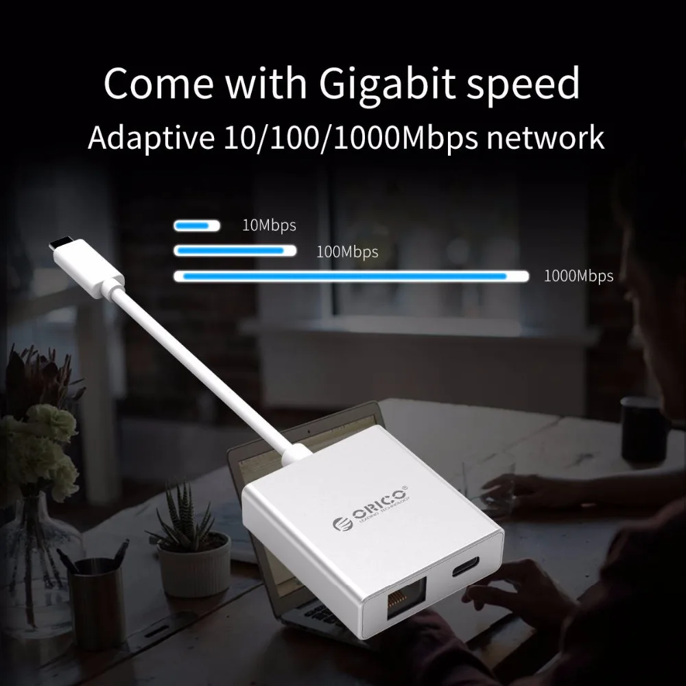 Алюминиевый адаптер ORICO Type C к RJ45 гигабитная Ethernet карта 1000 Мбит/с концентратор PD