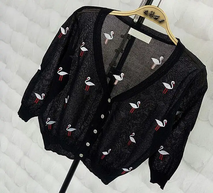W001676 black Шелк льда вышивка Лебедь тонкий женский кардиган вязаный свитер Болеро три четверти крючком Женский v-образный вырез женские кардиганы Топы 1676 - Цвет: W001676 black