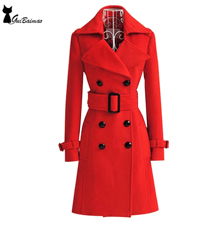Red Winter Coat Women's Double Breasted Long Sleeve Classic Belted | Женская одежда