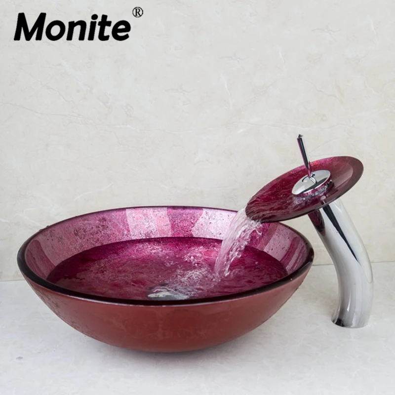 Monite круглый кран для раковины+ раковина для ванной комнаты, умывальник из закаленного стекла, ручная роспись, туалет, ванна, раковина, набор, смеситель, кран