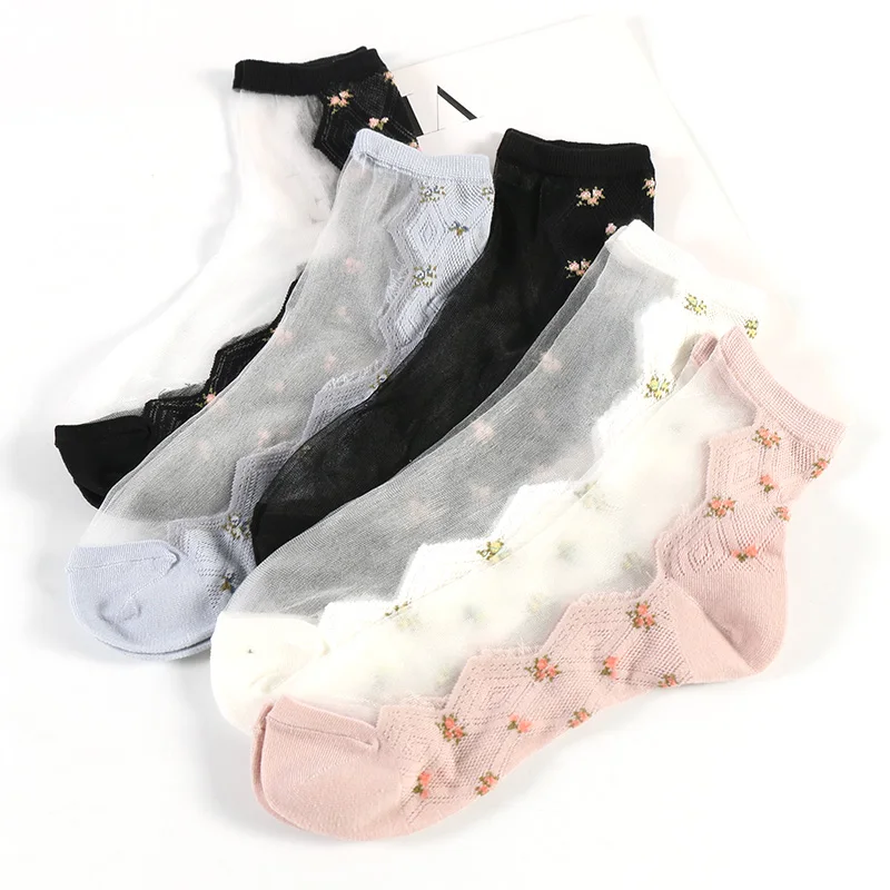 5 Pairs/Lot 2020 Spring Harajuku Sweet Floral Candy Color Cotton Glass Women Socks Femme Ultra Thin Flowers Transparent Meias