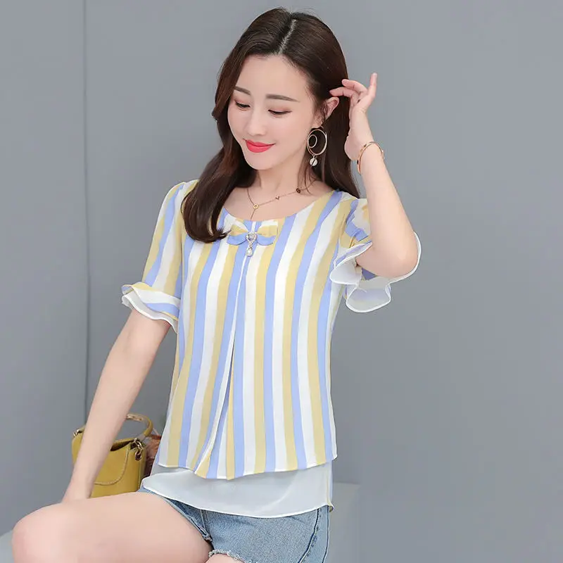 

Fashion Chiffon Floral Women Blouse Shirt Summer Women Tops Blusas Striped Chiffon Sweet Shirt Feminine Blouses DF2648