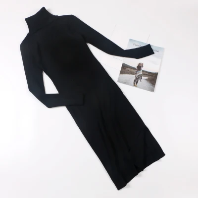 Quality Long Dresses For Women Autumn Winter Spring High Collar long-sleeved Vestidos Fashion Slit Dress Office Lady D206 - Цвет: D00206 black