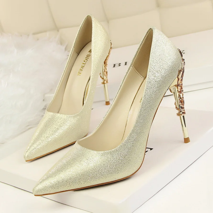 Women Shoes Spring Pointed Toe Pumps Dress Shoes Silk 10CM Thin High Heels Metal Decoration Wedding Shoes High Quality