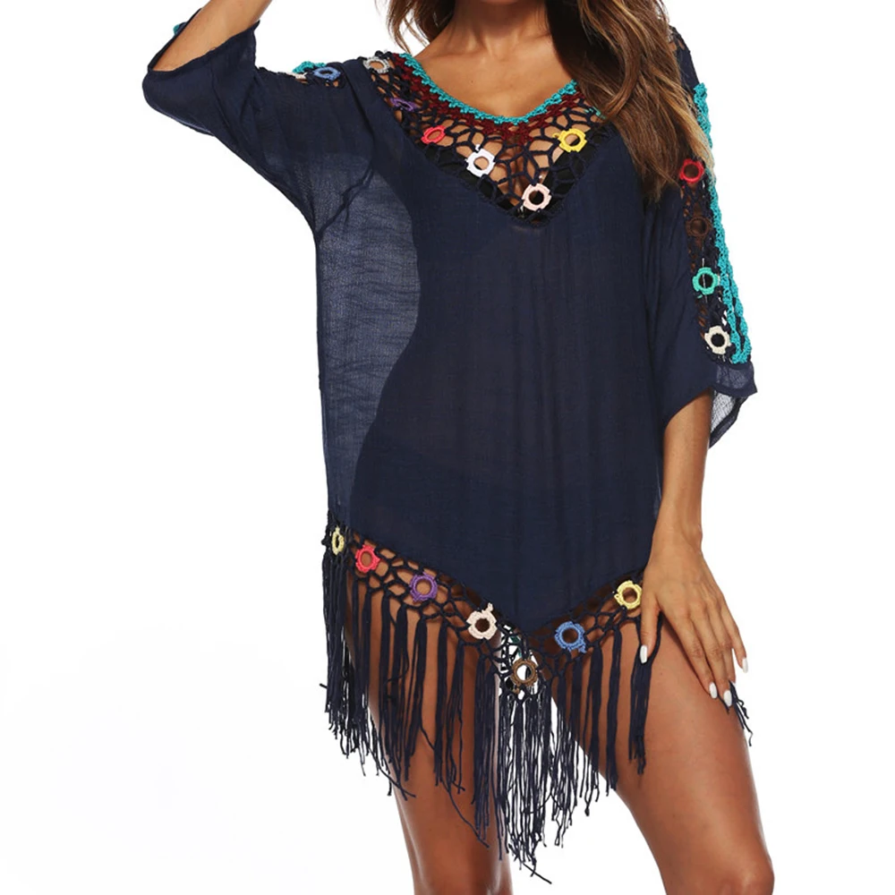 Для женщин шифон кисточкой Пляжная накидка пляжная туника сексуальная свободная