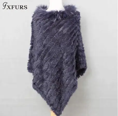 FXFURS, новинка, женский модный пуловер, вязаный, кроличий мех, енот, мех, пончо, накидка, натуральный мех, вязанный, Amic, палантины, треугольные шали, палантин - Цвет: dark blue