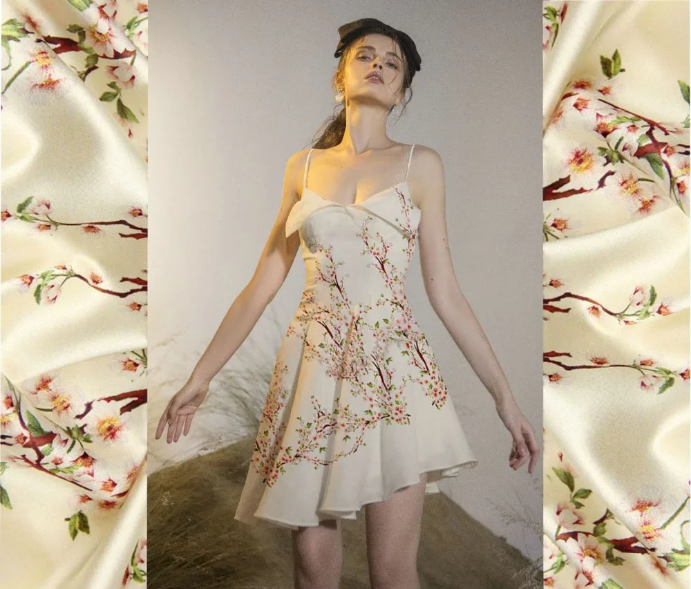 Stoffe Meterware Peach Blossom Gold Clothing Digital Print Fabric Heavy Silk Elastic Satin One-piece Dress Fabrics | Дом и сад