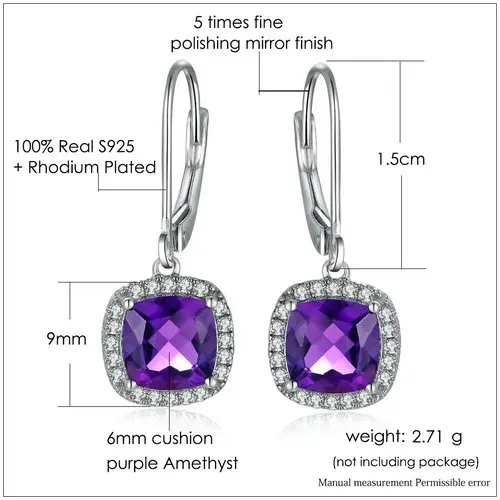 LAMOON-6 мм 2.4ct натуральный Фиолетовый аметист 925 пробы серебряные ювелирные изделия Висячие серьги S925 LMEI001