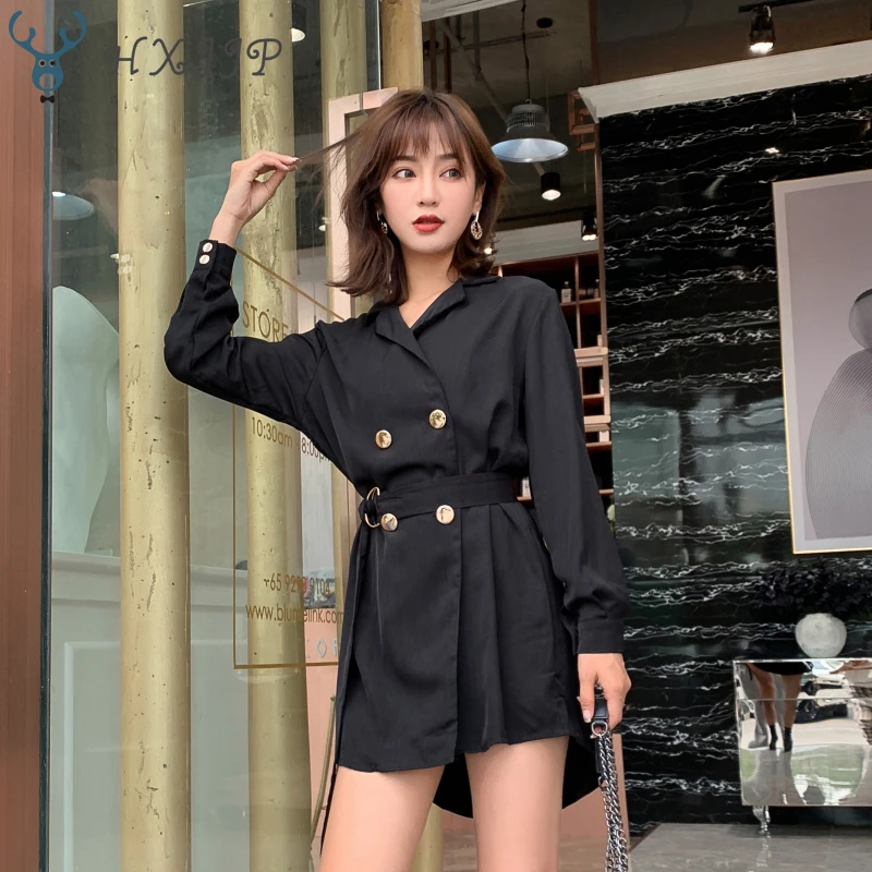 HXJJP Summer Women's Long Sleeve Double-breasted Mini dressTurn-down Collar Loose Waist Slim with belt Black Blazer Dress OL | Женская