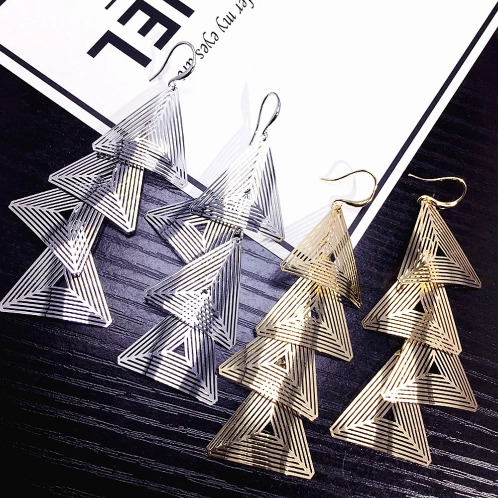 Women Dangle Long Earrings Hollow Triangle Geometric Pendant Fashion Jewelry Statement Club Party Accessories Cool Girl Brincos | Украшения