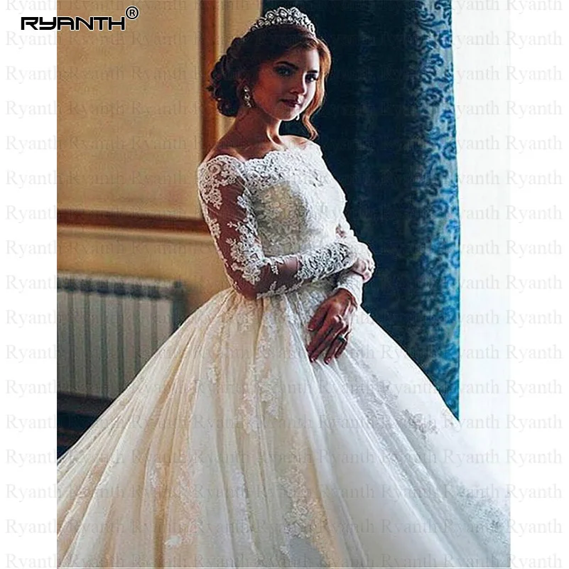 Винтажное кружевное свадебное платье с длинным рукавом 2019 роскошное бальное