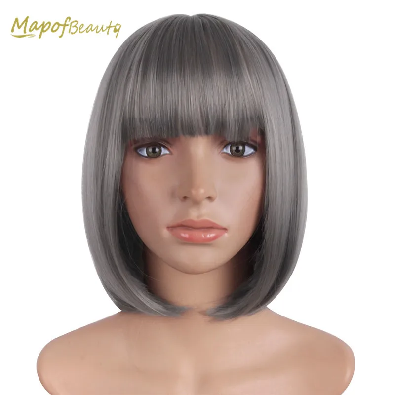 Mapofbeauty 12 ''Серый Боб парики для женщин косплей парик с плоской челкой короткий