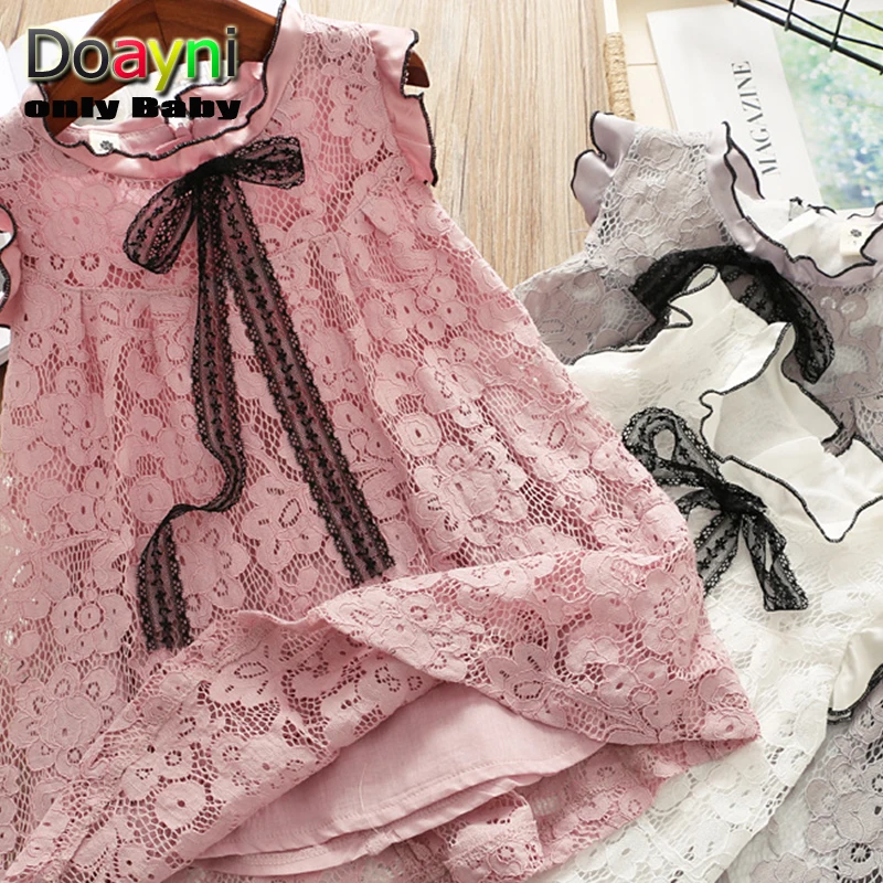 Doayni Baby Preppy Style Girls Vest Dress Big Bow with Short Petal Sleeve Children Princess A-line Pink White Gray | Детская одежда и