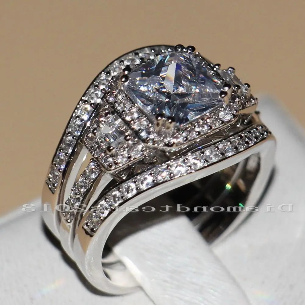 3 в 1 Женское Обручальное кольцо с фианитом и искусственным камнем|princess cut|white goldgold