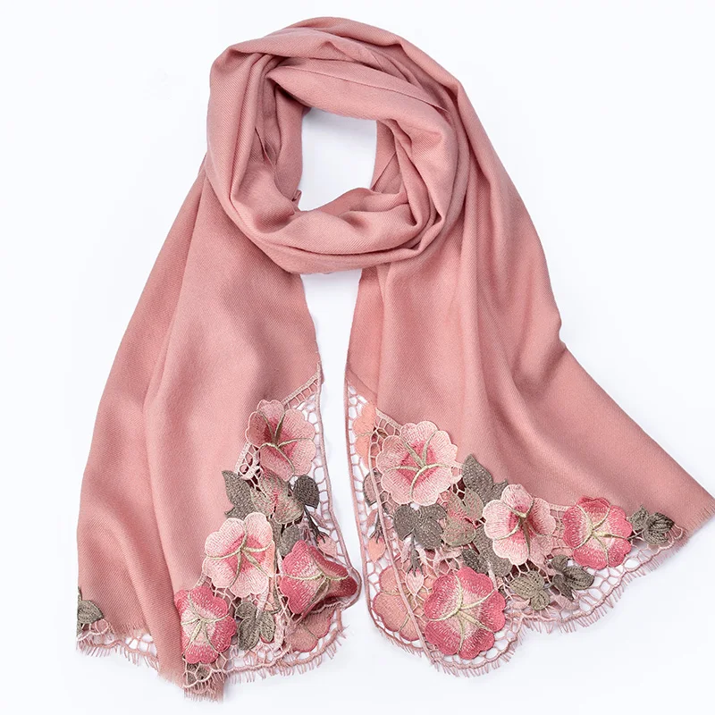 

Winter New Embroidery Wool Scarf Women Echarpe Warm Shawls and Wraps for Ladies Pashmina Bride Bridesmaid 100% Pure Wool Scarves