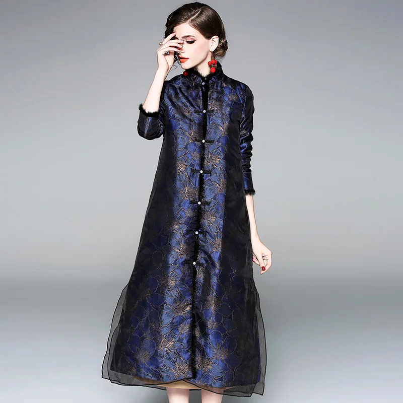 Для женщин темно-голубое платье зимняя одежда Cheongsam платья вышивка женский