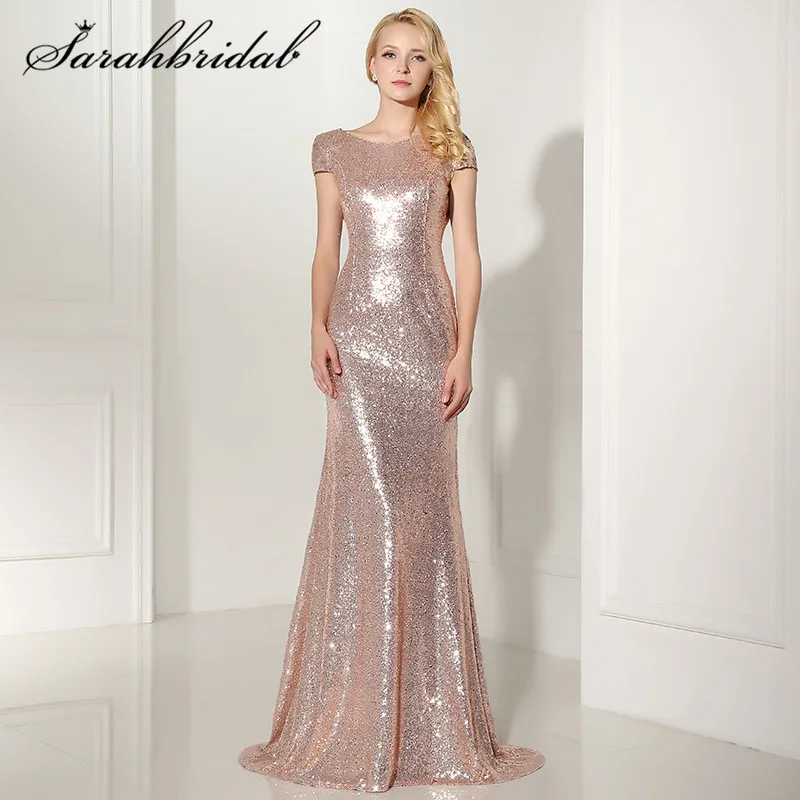 

Sexy 2021 New Rose Gold Sequins Evening Dresses Cap Sleeves Mermaid Long Open Back Women Party Gown Vestido De Festa Longo SD347