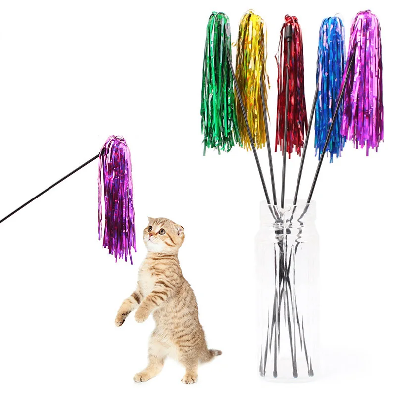 

5Pcs/Lot Colorful Ribbon Cat Toy Wand Funny Kitten Teaser Toys 45cm Long Plastic Stick Pet Cats Toys For Interactive Play Random