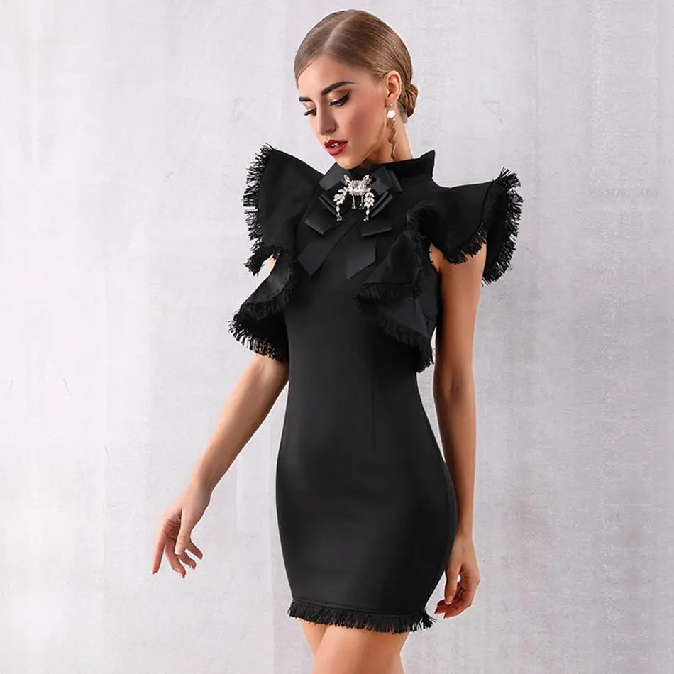 

Miss Water 2019 New Celebrity Party Dress Women White Black Sleeveless Ruffles Turtleneck Sexy Club Mini Dress Women Vestidos