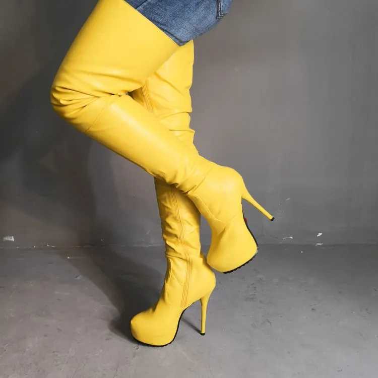 D1175 Yellow Olomm/женские сапоги до бедра на платформе; пикантные сапоги на высоком каблуке-шпильке; модельные туфли с круглым носком; 9 цветов; женская обувь; большие американские размеры 5-15 - Цвет: D1175 Yellow