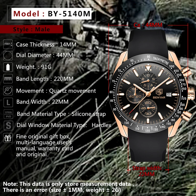 

Watches Mens New Fashion Quartz Wrist Watch BENYAR Mens Top Luxury Brand Silica gel Sport Chronograph Watch Relogio Masculino
