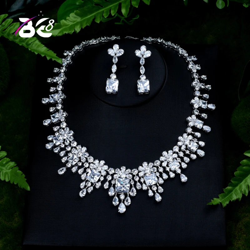 Be 8 Luxury Sparkling Brilliant AAA Cubic Zirconia Necklace Earrings Wedding Bridal Jewelry Sets Dress Accessories Bijoux S393