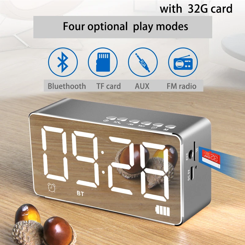 grary 32G card Bluetooth динамик беспроводной будильник мобильный компьютер мини цифровой светодиодный настольные часы сверхмощный сабвуфер светодиодный свет маленький стерео - Цвет: grary 32G card