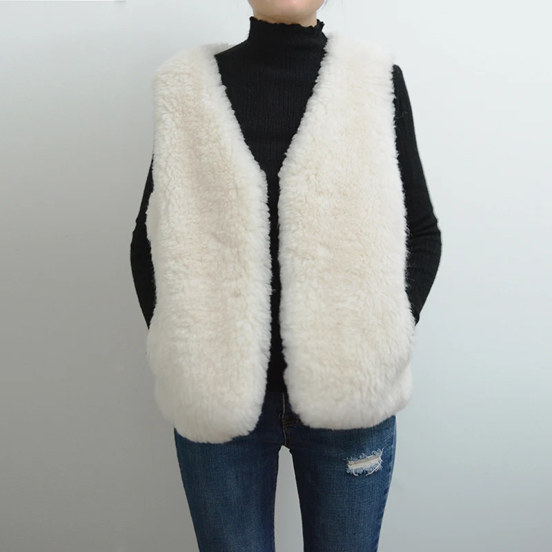 Short Style Women's Real Fur Vest White Real Wool Waistcoat 100% Wool Rf0143