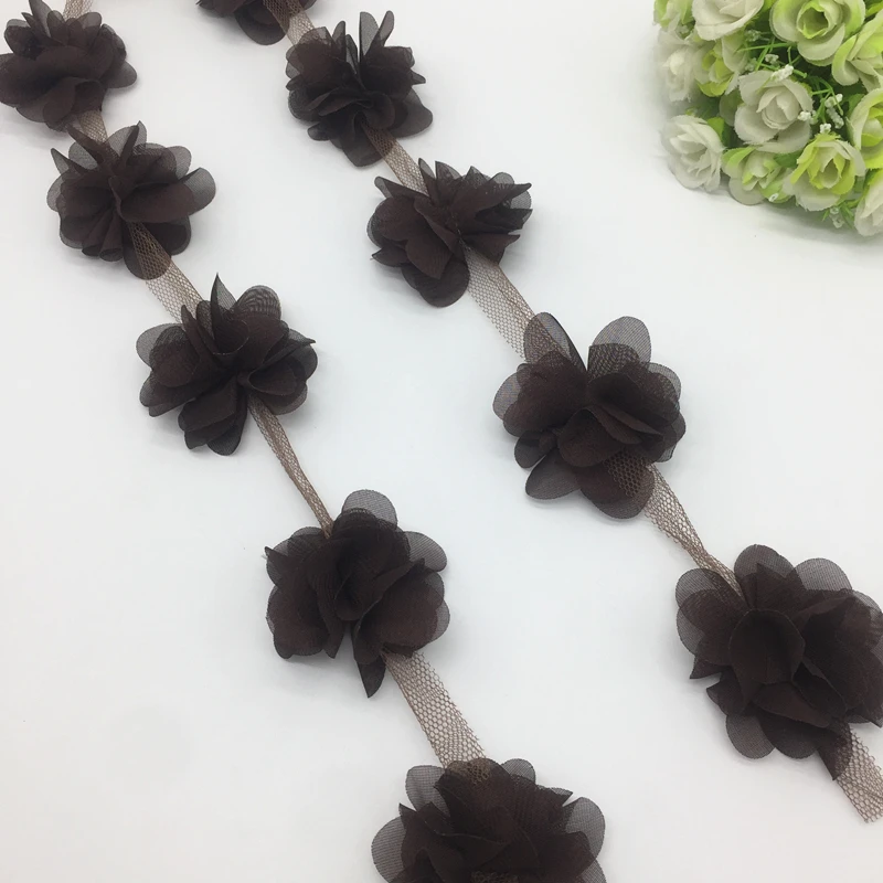 Deep Brown 1 ярд 3D шифоновое с цветочным кружевом отделка Детская резинка для волос украшение, кружевная ткань DIY аксессуары для одежды лента - Цвет: Deep Brown
