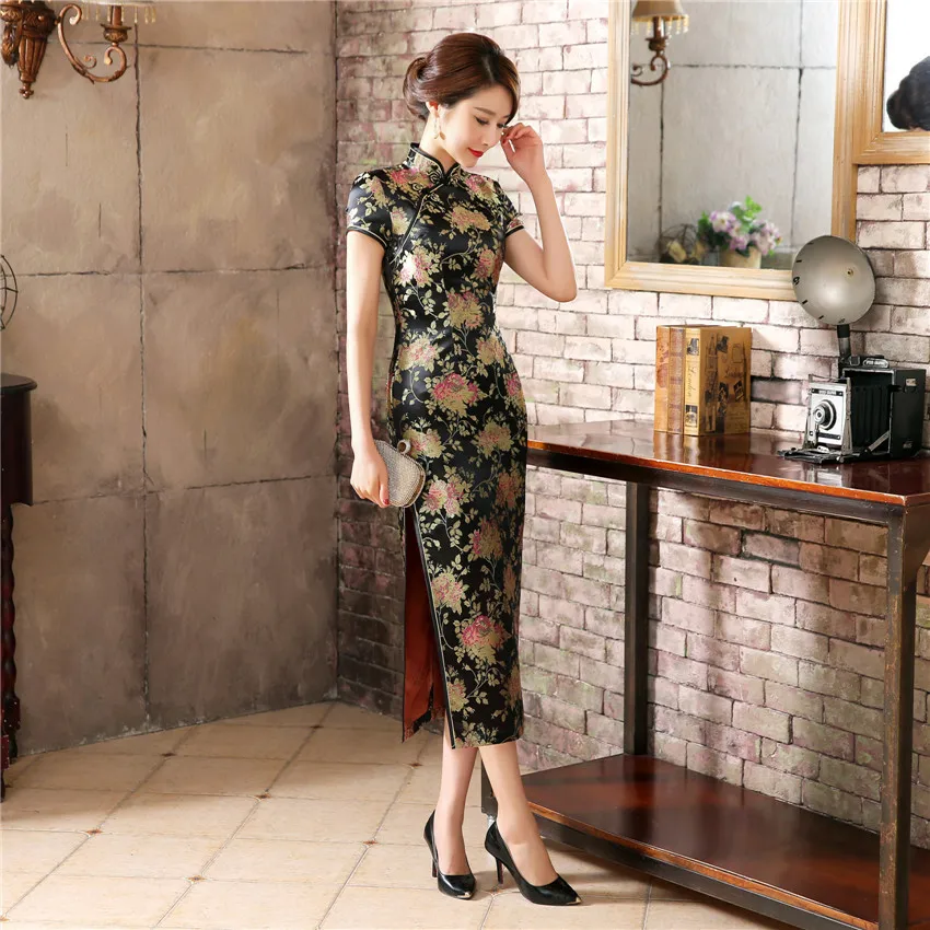 Летнее женское длинное китайское традиционное платье Vintga Cheongsam шелковое
