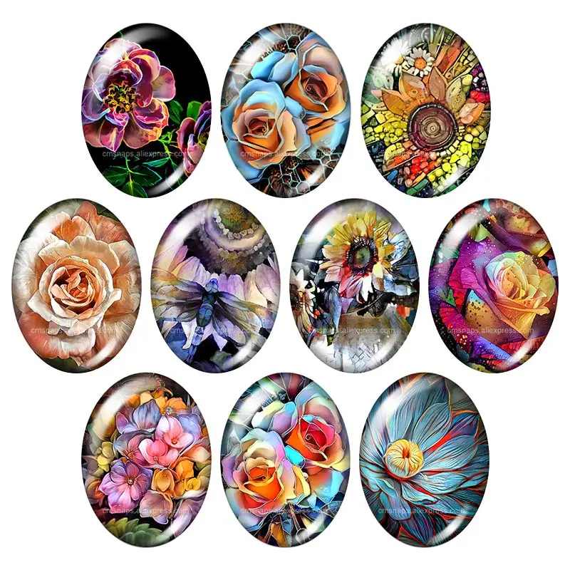 

TB0216 oil paintings Flowers Rose Lily 13x18mm/18x25mm/30x40mm mixed Oval photo glass cabochon demo flat back Jewelry findings