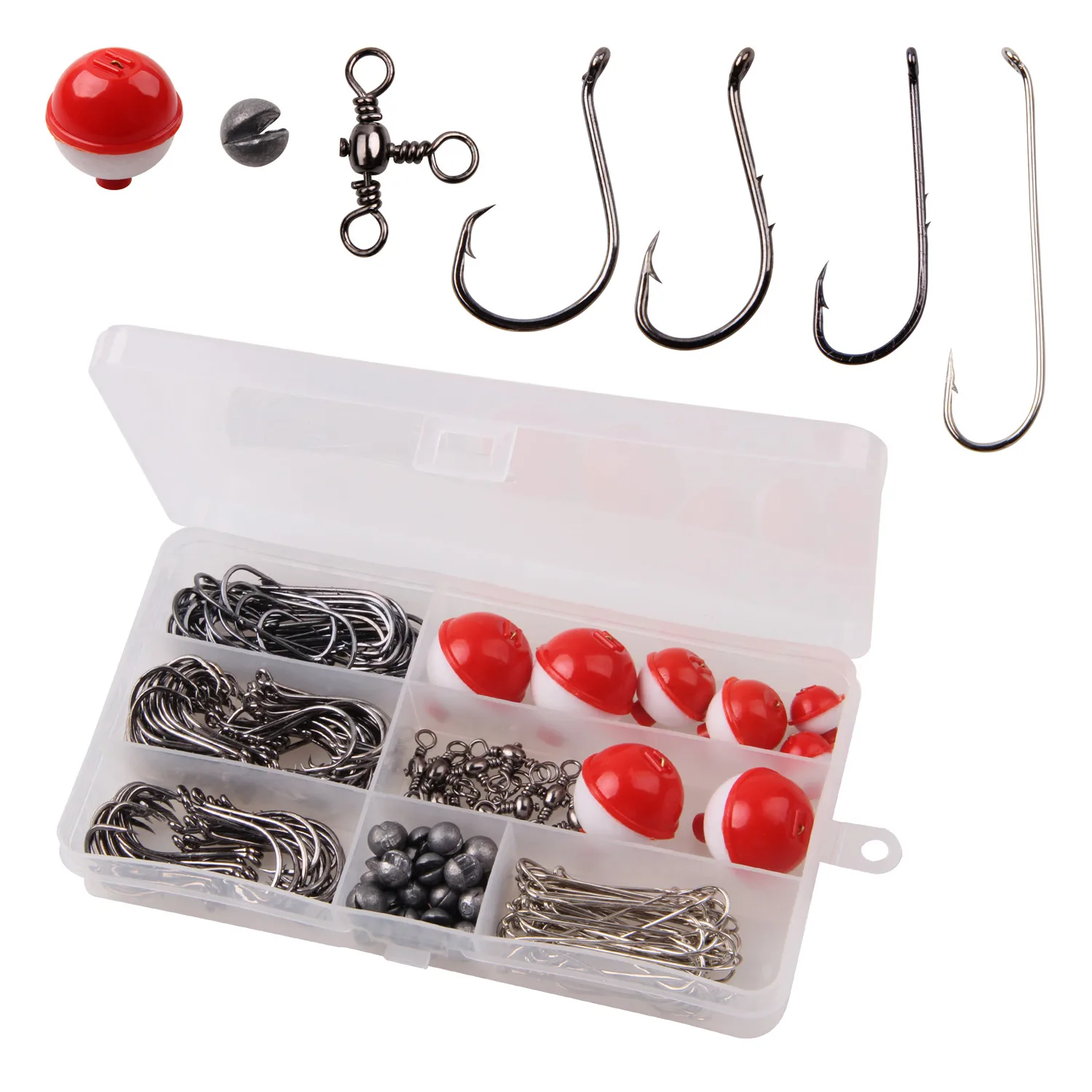 

208pcs/box fishing tackle box include floating ball fishing hook swivels connector Split Shot Lead Weight for fishing tools