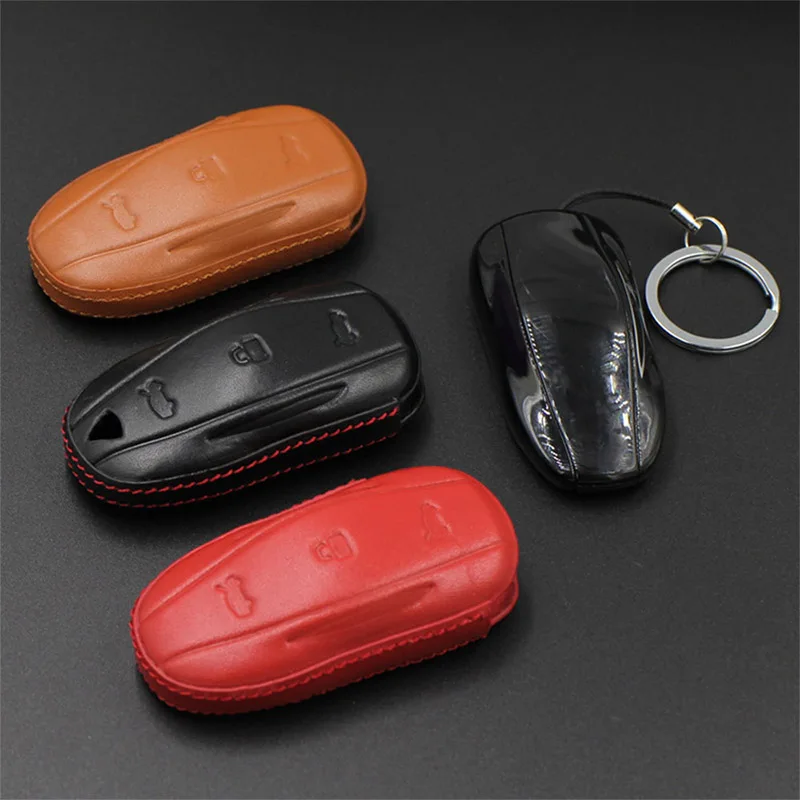 

Durable Black Red Genuine Leather Car Key Protection Case Full Protective Key Fob For Tesla Model X S Easy To Identify Your Key