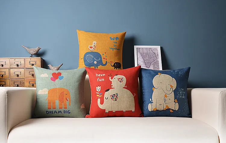 Льняная подушка в скандинавском стиле с изображением слонов|cotton cushion|decorative sofa