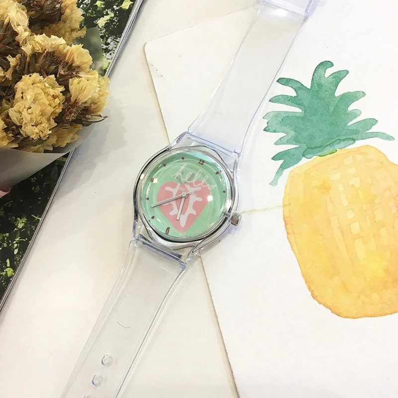 Green Strawberry Прозрачные часы, силиконовые часы, женские спортивные повседневные кварцевые наручные часы, новинка, женские часы с кристаллами, Мультяшные, Reloj Mujer - Цвет: Green Strawberry