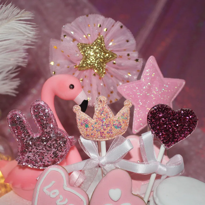 5Pcs Sequin Star Heart Crown Rabbit Birthday Cake Topper Cupcake Decoration Baby Shower Kids Party | Дом и сад