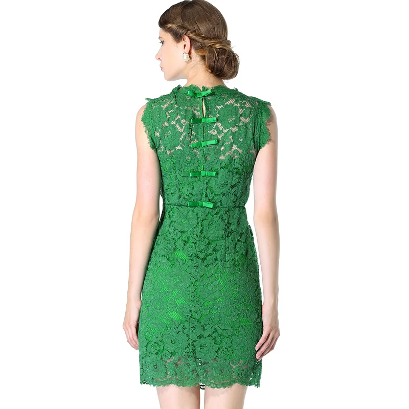 Cultivate one's morality bowknot relief decoration Heavy water soluble lace embroidery green dress | Женская одежда
