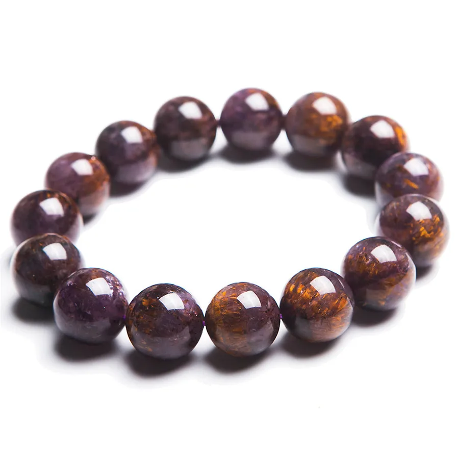 

15mm Natural Purple Cacoxenite Gold Hair Rutilated Quartz Crystal Clear Round Beads Bracelet Men Women Stretch Charm Bracelet
