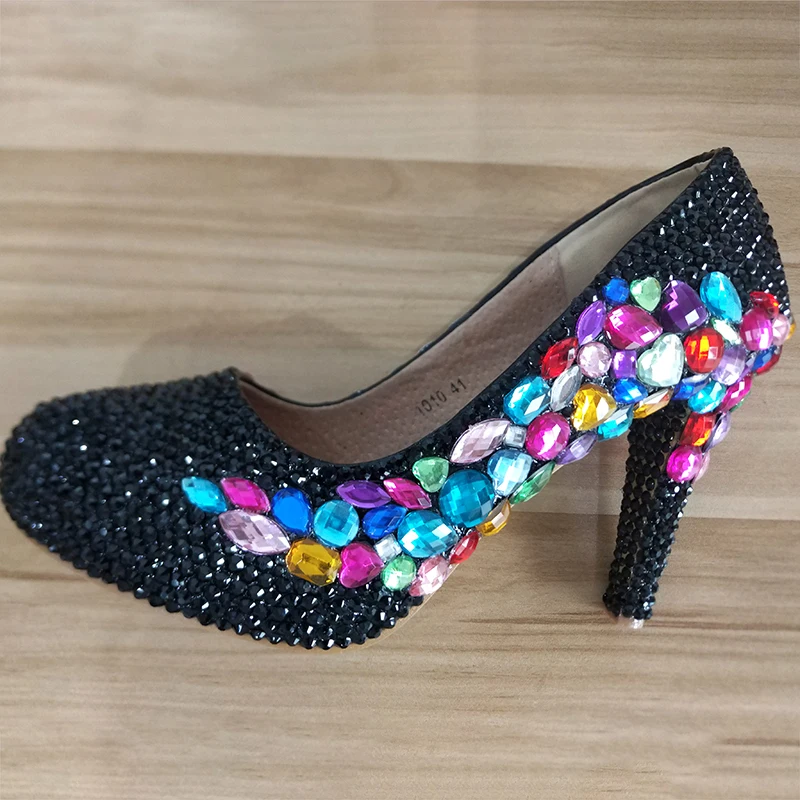 

Womens Wedding Shoes Black Crystal Platform Pumps Sexy High Heels Bride Colorful Rhinestone Party shoes Round Toe Female Shoes
