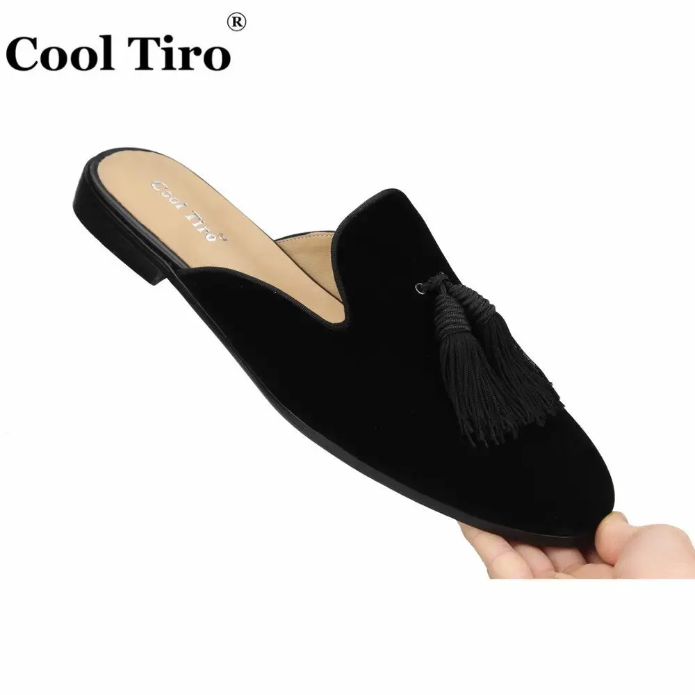 Cool Tiro/черные бархатные Mules кисточкой Для мужчин тапочки без застежки на Туфли без каблуков велюр обувь ручной работы Повседневное; натуральная кожа; стильные