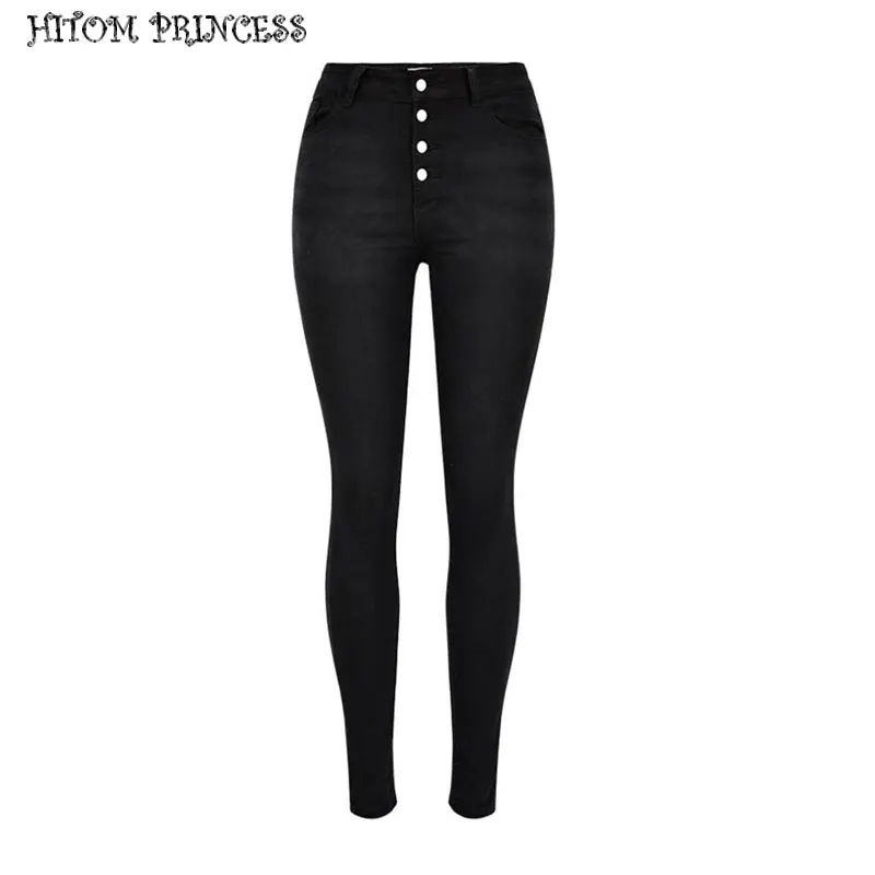 

HITOM PRINCESS Skinny Jeans Woman High Waist Denim Jeans Black Button Pencil Pants Stretch Plus Size Jeans For Women Trousers