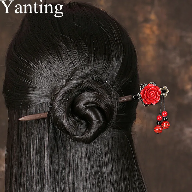 Yanting лаковые красные цветочные палочки для волос женщин Этнические украшения