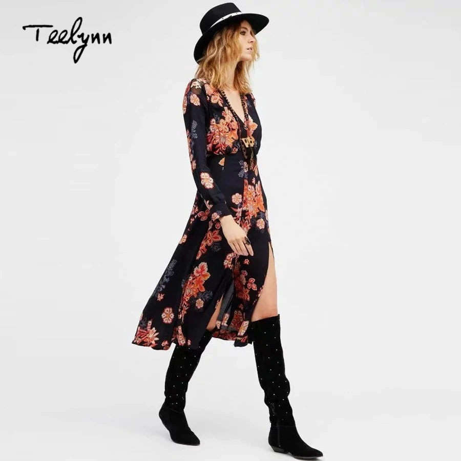 TEELYNN Бохо длинное платье искусственный шелк черный цветочный принт с длинным