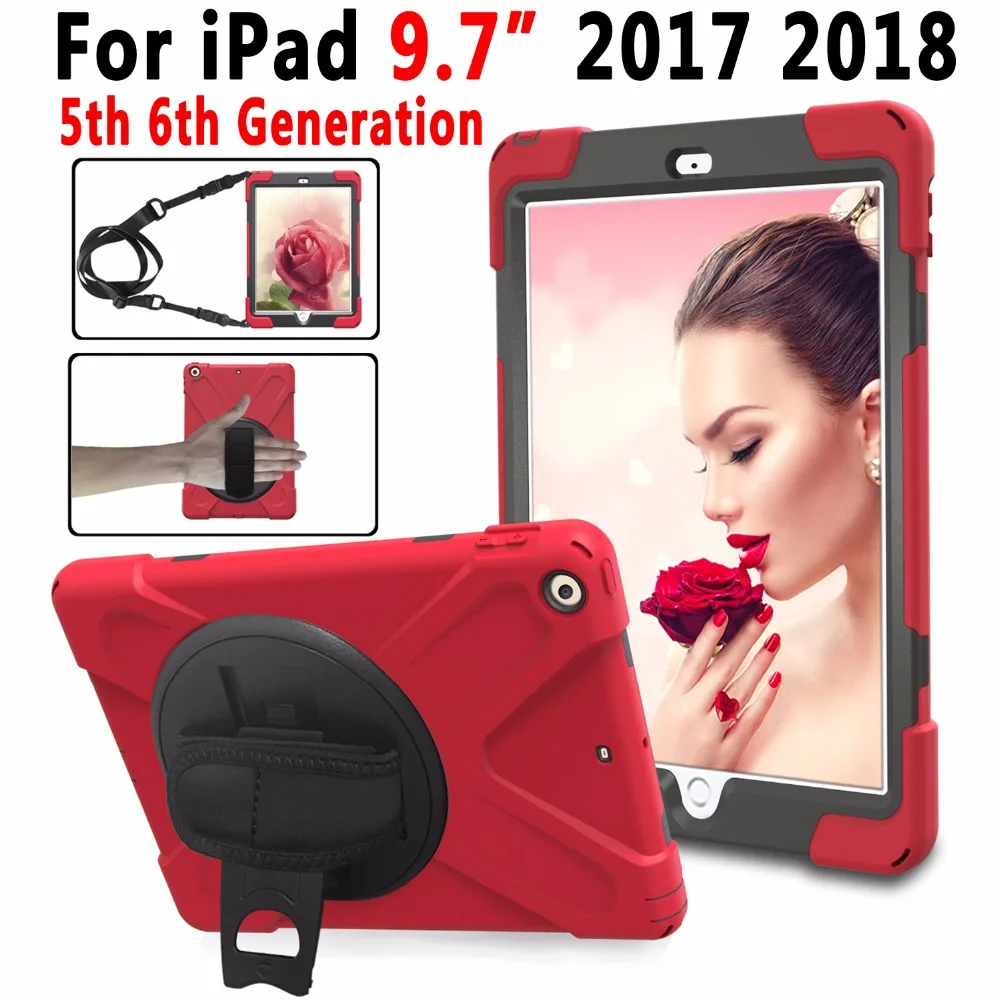 

Case for Apple iPad 9.7 2017 2018 5th 6th Generation Tablet A1822 A1893 Kids Safe Shockproof Armor Cover Hand Strap & Neck Strap