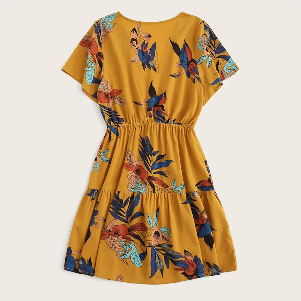 Женское пляжное платье с высокой талией Boho повседневное мини v образным вырезом и