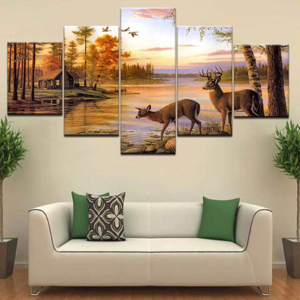 

Wall Art Elk Canvas Paintings Frame HD Prints 5 Pieces field Forest Landscape Animal Deers Poster Living Room Home Decor Picture