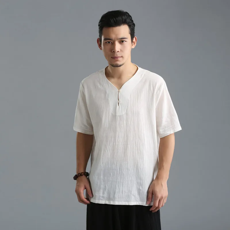Plus Size M-6XL Men's Pure Color Tops 2022 Summer Cotton Linen V-neck t-Shirt Flax Slim Casual Wood Button Short Sleeve | Мужская