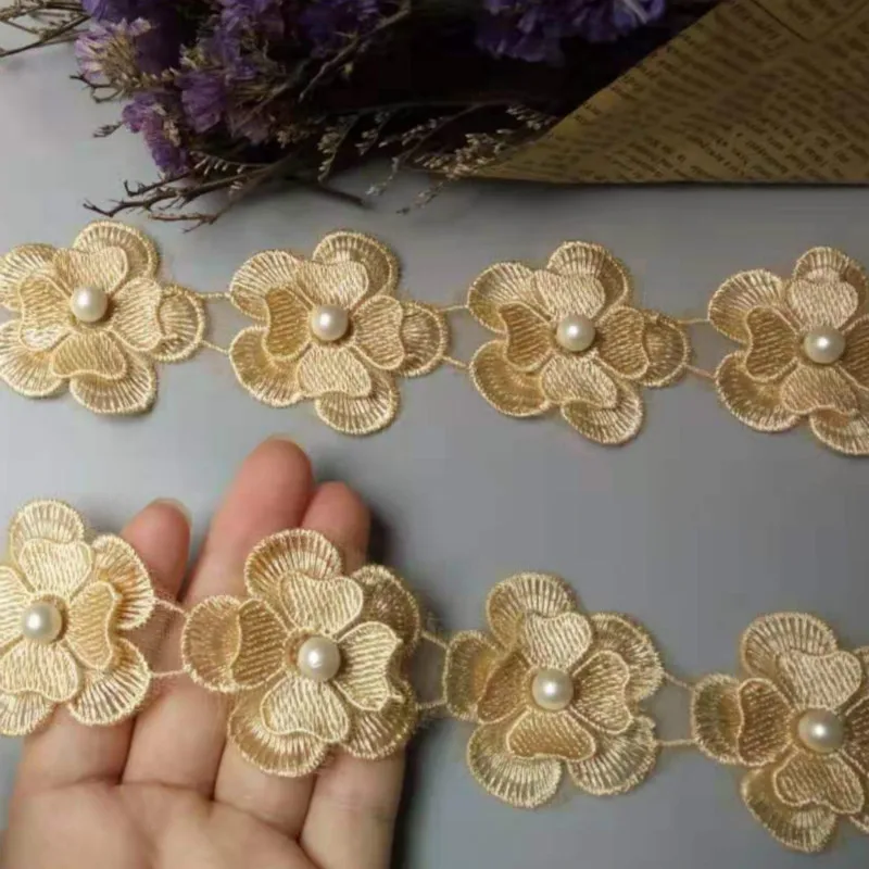 10 шт. золотые жемчужные цветы DIY растворимые Свадебные Кружева отделка Вязание вышитые ручной работы Лоскутная лента Швейное Ремесло 4,5 см